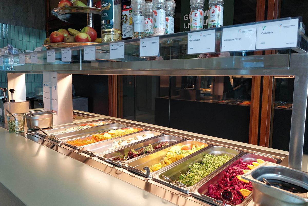 Salad buffet in the ABK canteen with different types of salad.