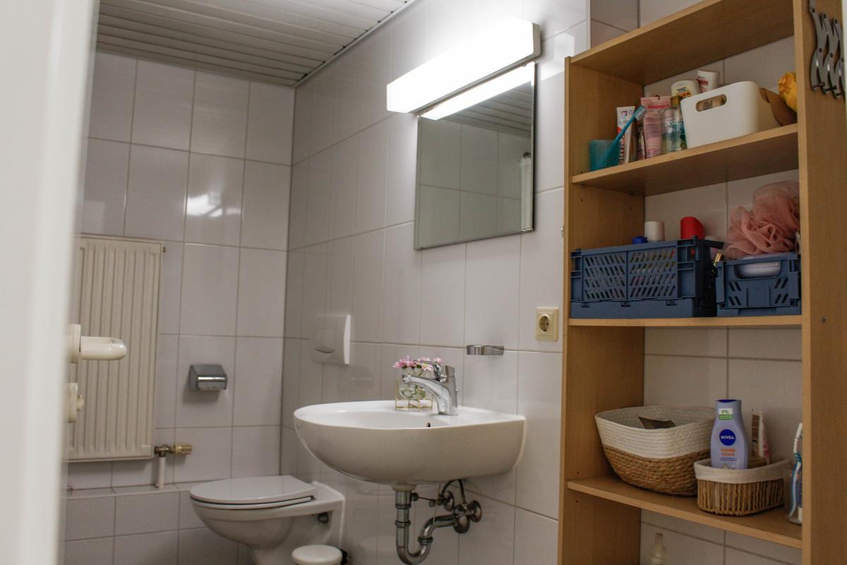 Bathroom with sink, shower, toilet, and shelf